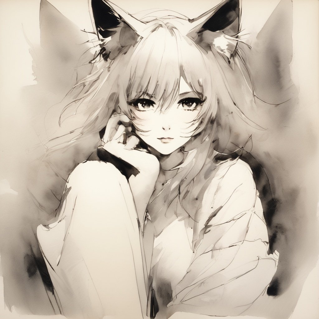 sketch, monochrome,  a catgirl looking at the viewer  <lora:GraphitePowderXL:1>