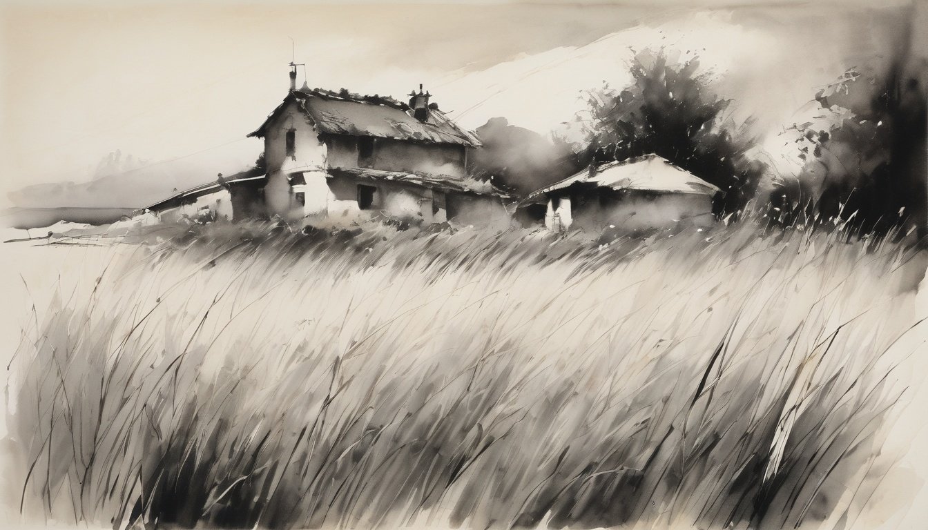 sketch, monochrome,  a scenery, field of grass and a house <lora:sketchSDXL:1>