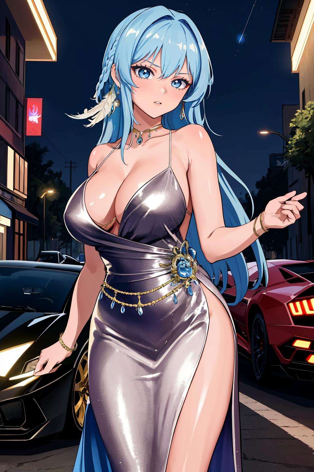 masterpiece, best quality, 1girl, solo, standing, <lora:helm-nikke-richy-v2:1> helmdress, cleavage, side slit, lamborghini, street, night sky, city, sequins, white dress, feather hair ornament