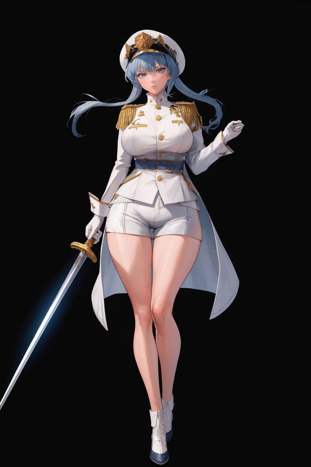 masterpiece, best quality, 1girl, solo, standing, <lora:helm-nikke-richy-v2:1> helmdef, hat, military, white shorts, white gloves, open clothes, wide hips, thighs, large breasts, insignia, white jacket, <lora:UnlimitedBladeWorks1.6:1> holding sword, sword, rapier, full body, <lora:FEH_Concept_v2:1> black background, simple background