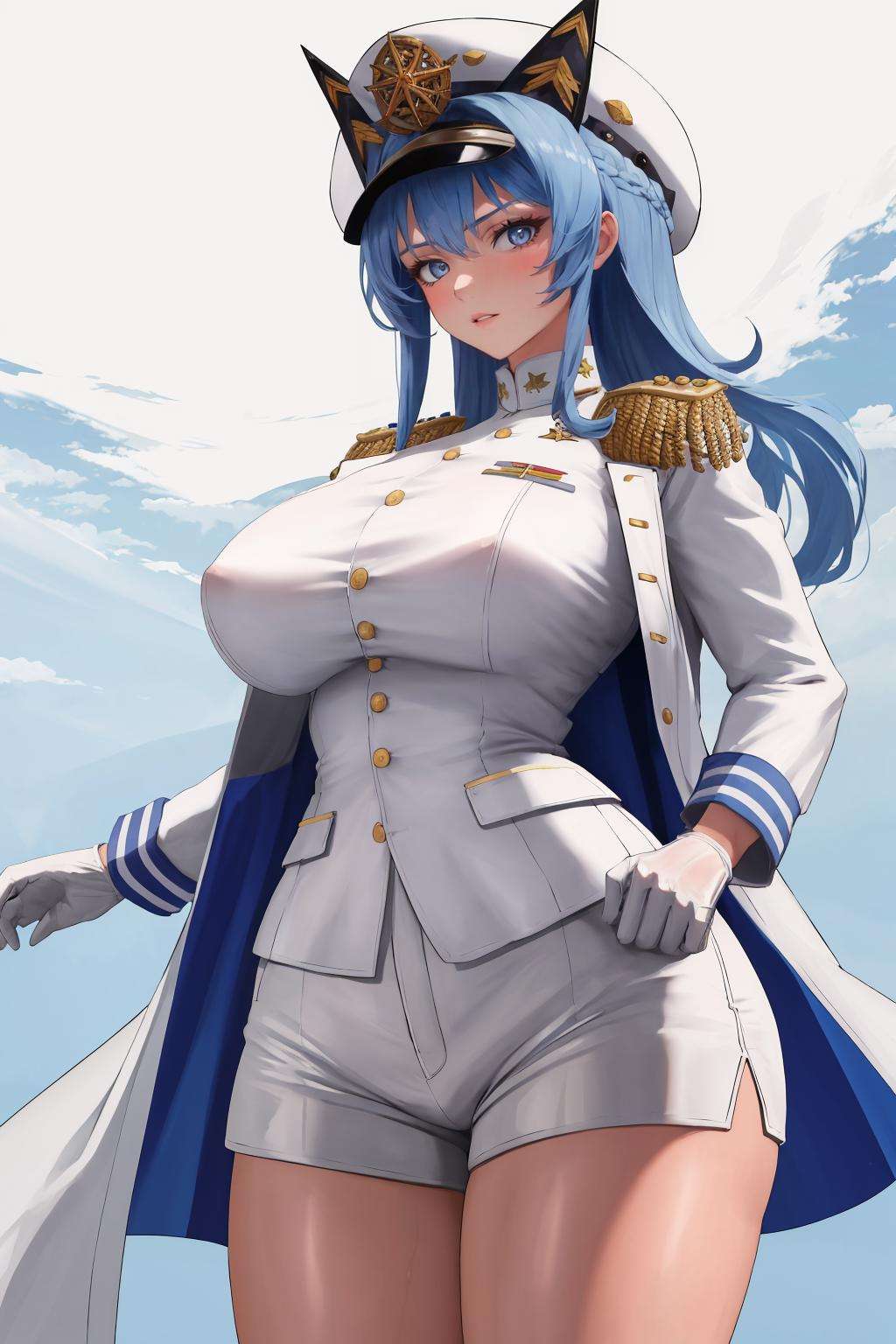 masterpiece, best quality, 1girl, solo, standing, <lora:helm-nikke-richy-v2:1> helmdef, hat, military, white shorts, white gloves, open clothes, wide hips, thighs, large breasts, insignia, white jacket