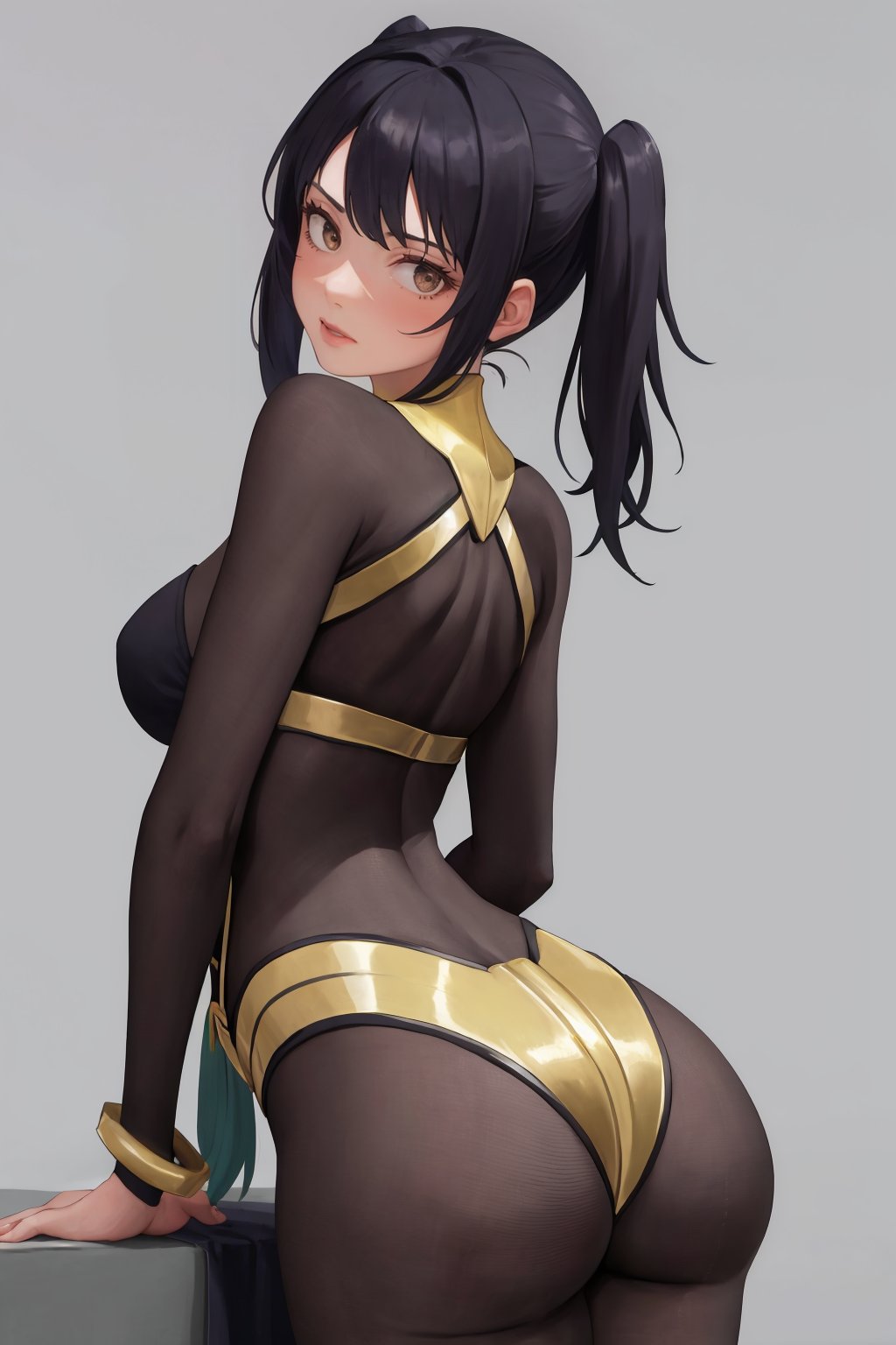 masterpiece, best quality, 1girl, solo, <lora:darkmage-fe-richy-v1-000019:1> darkmage, bodystocking, from behind, leaning back, looking back