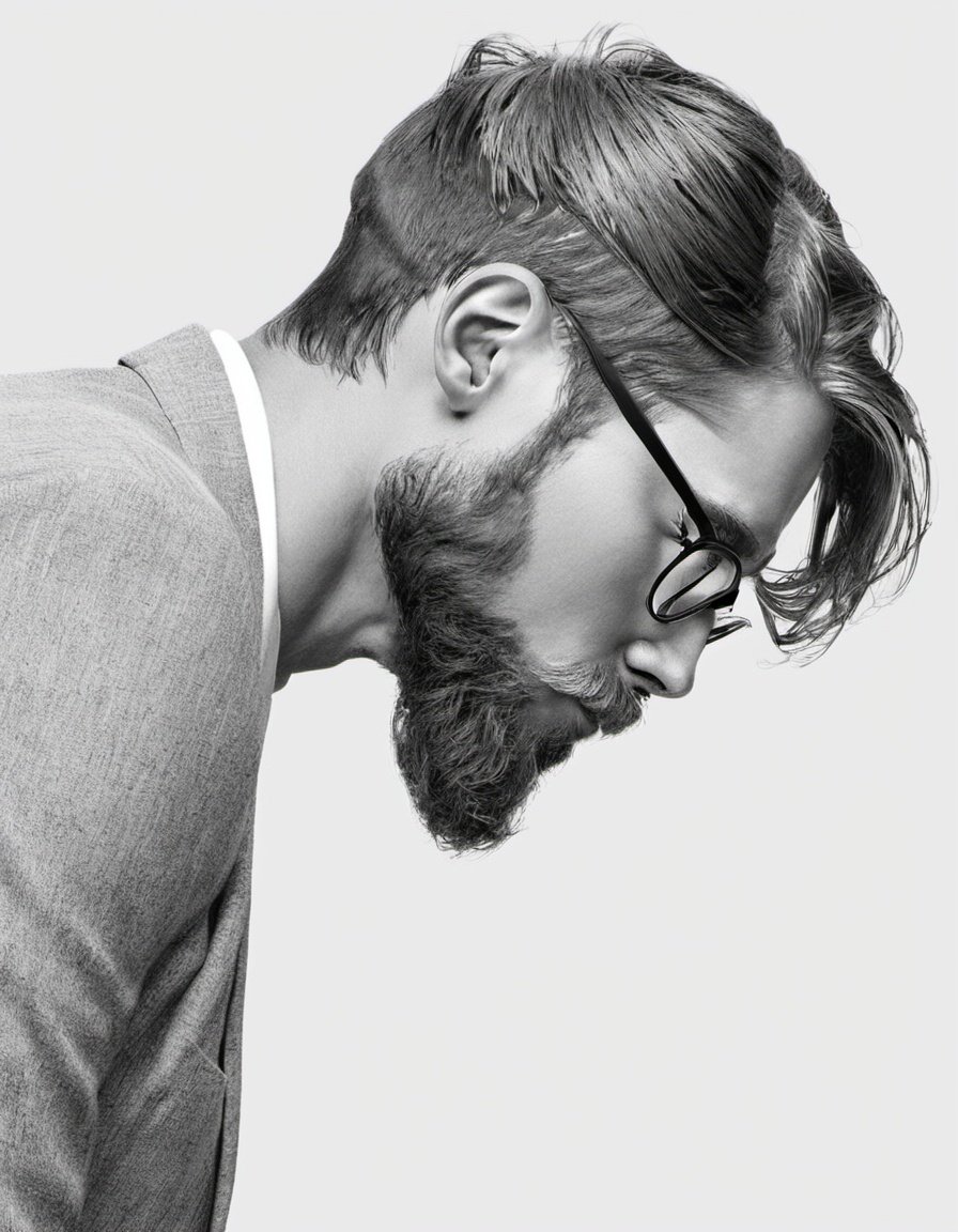 solo, monochrome, greyscale, 1boy, male focus, facial hair, realistic, profile, beard, glasses, upper body, from side, white background, simple background, watermark, closed mouth