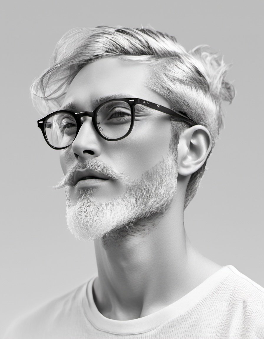 solo, monochrome, greyscale, 1boy, male focus, facial hair, realistic, profile, beard, glasses, upper body, from side, white background, simple background, watermark, closed mouth