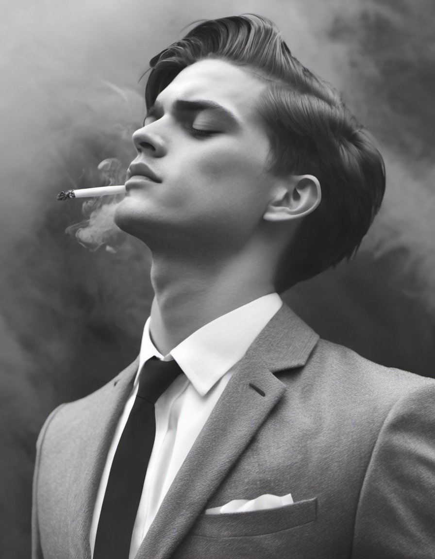 greyscale, monochrome, 1boy, male focus, solo, necktie, realistic, cigarette, shirt, smoking, upper body, blurry, closed eyes, short hair, smoke, jacket, formal