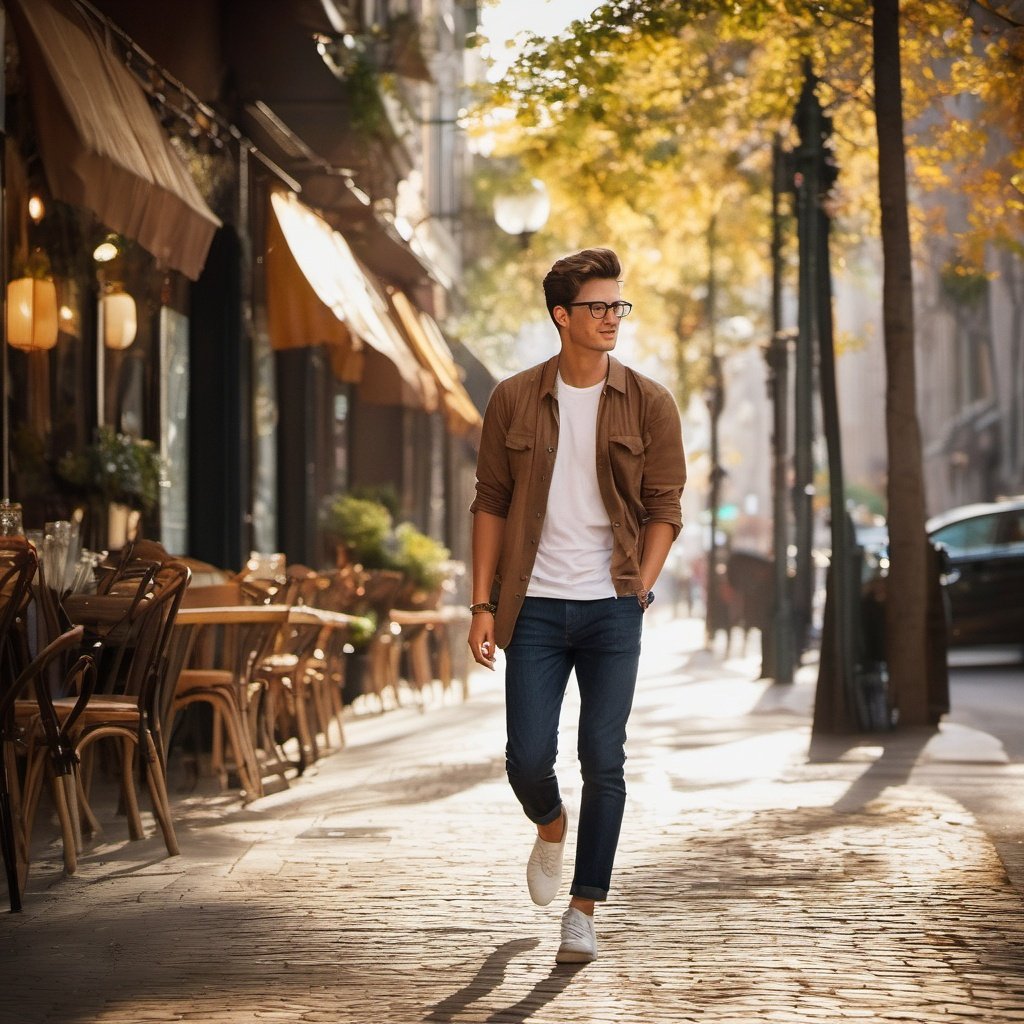 A young man is walking along the sidewalk. He has short hair, slightly tousled. He wears a pair of stylish black glasses that exude confidence. His brown eyes reflect curiosity and vitality. He is dressed in a casual shirt with rolled-up sleeves, paired with jeans and sneakers. The gleam of his wristwatch showcases his attention to detail and taste. With light and brisk steps, he radiates an air of freedom and ease, as if he is filled with curiosity and a spirit of adventure. He occasionally scans the surroundings, seemingly searching for a destination or captivated by something in the scenery. As people pass by, they can't help but be drawn to his handsome and confident demeanor, stealing a few more glances. The aroma of freshly brewed coffee wafts from the nearby café, aligning with his leisurely stroll and adding a touch of warmth and comfort to his journey. His destination remains unknown, but his adventure has just begun, with each step presenting new opportunities and discoveries.

