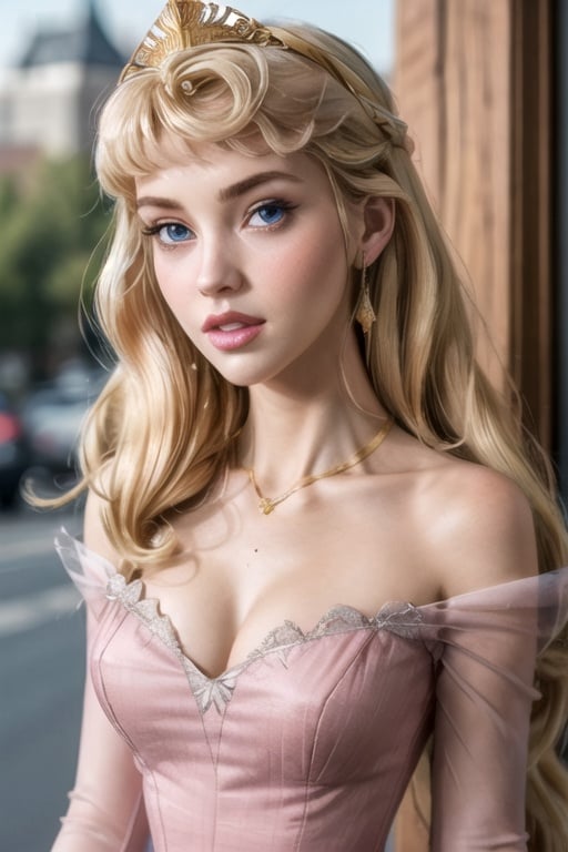 solo, Princess Aurora, long blond hair, blue eyes, sexy dress, pink dress, ultra-detailed art illustration, sagging chest,perfecteyes,Aurora