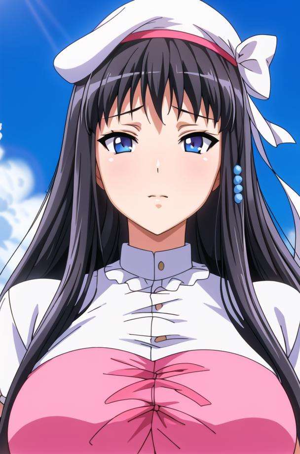 (day),White Background,blue sky,pink and white dress, short sleeves,thighhighs,white hat,<lora:Kisara_Himeno_Eroge-KK77-V1:0.7>,bangs, black hair, blue eyes,long hair,hair ornament, hairclip,<lora:Mariana_Luciano_NON_VIRGIN-KK77-V1:0.3>,<lora:more_details:0.1>,1 girl, 20yo,Young female,Beautiful Finger,Beautiful long legs,Beautiful body,Beautiful Nose,Beautiful character design, perfect eyes, perfect face,expressive eyes,perfect balance,looking at viewer,(Focus on her face),closed mouth, official art,extremely detailed CG unity 8k wallpaper, perfect lighting,Colorful, Bright_Front_face_Lighting,shiny skin, (masterpiece:1.0),(best_quality:1.0), ultra high res,4K,ultra-detailed,photography, 8K, HDR, highres, absurdres:1.2, Kodak portra 400, film grain, blurry background, bokeh:1.2, lens flare, (vibrant_color:1.2),professional photograph, (Beautiful,large_Breasts:1.4), (beautiful_face:1.5),(narrow_waist), 