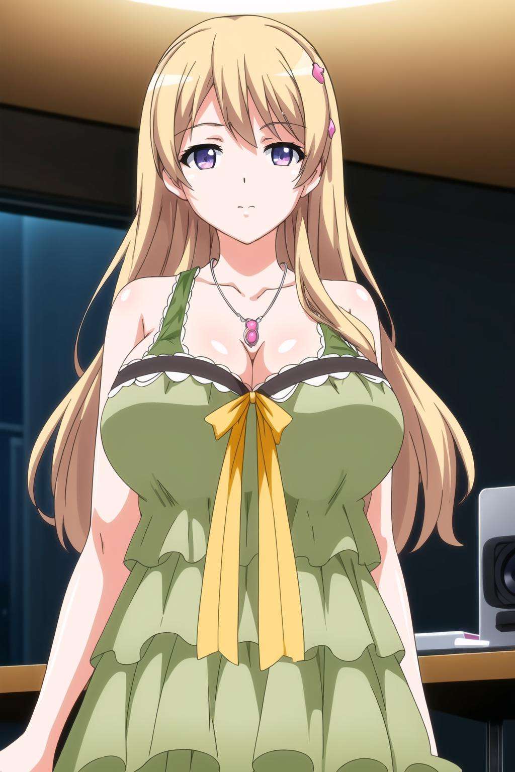 (Night:1.7), at a podium in a room with a tv on the wall and a desk with a laptop on it,Standing at attention,cleavage,sleeveless,green Long dress ,a yellow bow,<lora:Momoka_Fujiwara_Eroge-KK77-V1:0.7>,<lora:more_details:0.1>,jewelry,necklace,gem,bangs, blonde hair,long hair, hair ornament, hairclip,brown eyes,1 girl, 20yo,Young female,Beautiful Finger,Beautiful long legs,Beautiful body,Beautiful Nose,Beautiful character design, perfect eyes, perfect face,expressive eyes,looking at viewer, in the center of the image,(Upper_body),(Focus on her face),official art,extremely detailed CG unity 8k wallpaper, perfect lighting,Colorful, Bright_Front_face_Lighting,shiny skin, (masterpiece:1.0),(best_quality:1.0), ultra high res,4K,ultra-detailed,photography, 8K, HDR, highres, absurdres:1.2, Kodak portra 400, film grain, blurry background, bokeh:1.2, lens flare, (vibrant_color:1.2)(Beautiful,large_Breasts:1.4), (beautiful_face:1.5),(narrow_waist), 