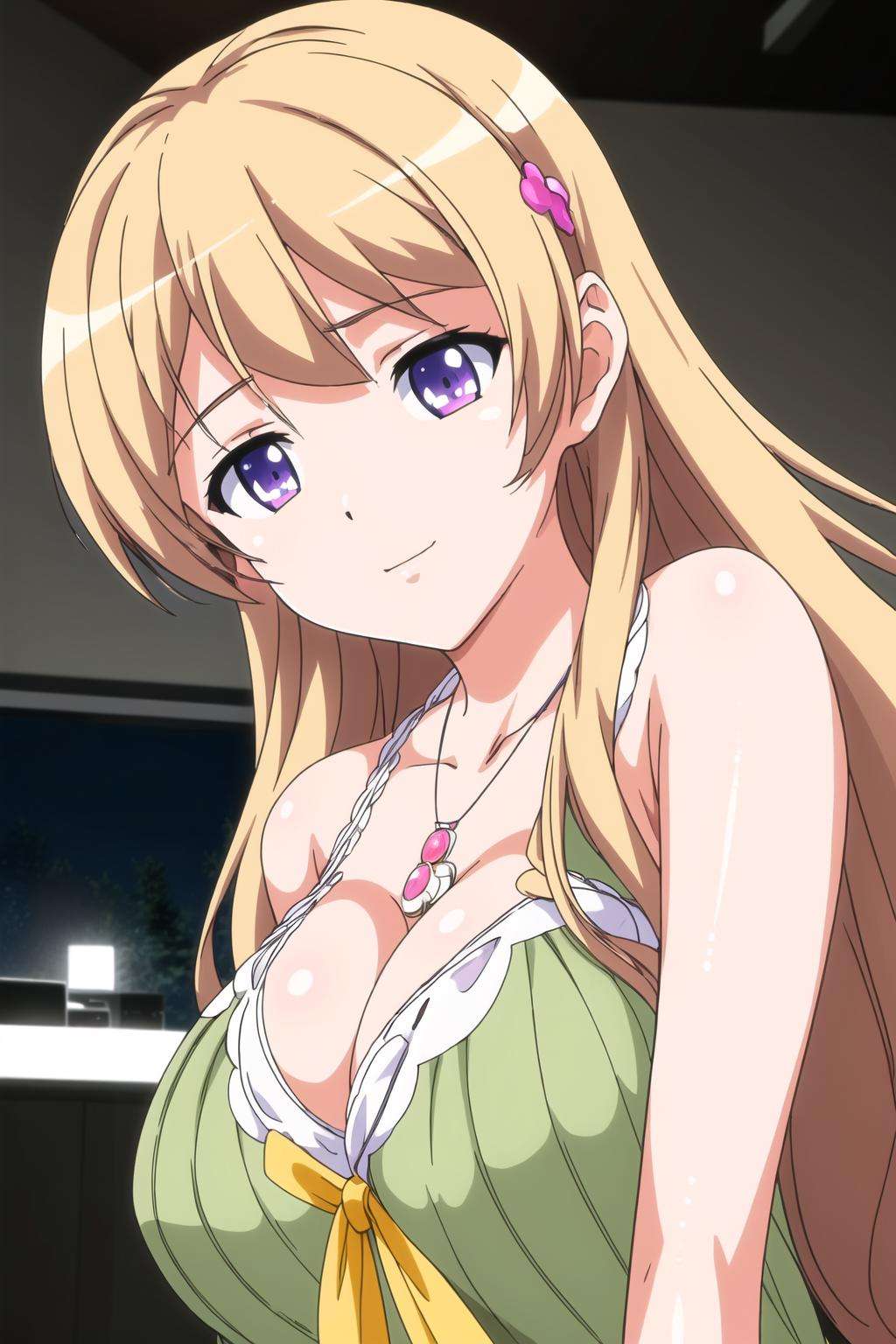 (Night:1.7), at a podium in a room with a tv on the wall and a desk with a laptop on it,Standing at attention,cleavage,sleeveless,green Long dress ,a yellow bow,<lora:Momoka_Fujiwara_Eroge-KK77-V1:0.7>,<lora:more_details:0.1>,jewelry,necklace,gem,bangs, blonde hair,long hair, hair ornament, hairclip,Purple eyes,1 girl, 20yo,Young female,Beautiful Finger,Beautiful long legs,Beautiful body,Beautiful Nose,Beautiful character design, perfect eyes, perfect face,expressive eyes,looking at viewer, in the center of the image,(Upper_body),(Focus on her face),(CLOSE-UP),official art,extremely detailed CG unity 8k wallpaper, perfect lighting,Colorful, Bright_Front_face_Lighting,shiny skin,(masterpiece:1.0),(best_quality:1.0), ultra high res,4K,ultra-detailed,photography, 8K, HDR, highres, absurdres:1.2, Kodak portra 400, film grain, blurry background, bokeh:1.2, lens flare, (vibrant_color:1.2)(Beautiful,large_Breasts:1.4), (beautiful_face:1.5),(narrow_waist),