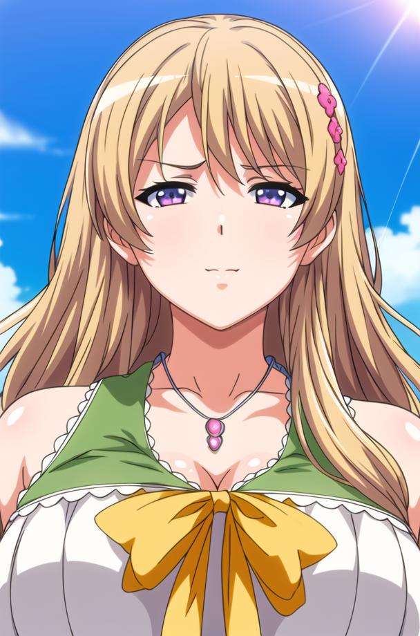 (day),White Background,blue sky,cleavage,sleeveless,green Long dress ,a yellow bow,<lora:Momoka_Fujiwara_Eroge-KK77-V1:0.7>,<lora:more_details:0.1>,jewelry,necklace,gem,bangs, blonde hair,long hair, hair ornament, hairclip,,Purple eyes,<lora:Mariana_Luciano_NON_VIRGIN-KK77-V1:0.3>,<lora:more_details:0.1>,1 girl, 20yo,Young female,Beautiful Finger,Beautiful long legs,Beautiful body,Beautiful Nose,Beautiful character design, perfect eyes, perfect face,expressive eyes,perfect balance,looking at viewer,(Focus on her face),closed mouth, (innocent_big_eyes:1.0),Light_Smile,official art,extremely detailed CG unity 8k wallpaper, perfect lighting,Colorful, Bright_Front_face_Lighting,shiny skin, (masterpiece:1.0),(best_quality:1.0), ultra high res,4K,ultra-detailed,photography, 8K, HDR, highres, absurdres:1.2, Kodak portra 400, film grain, blurry background, bokeh:1.2, lens flare, (vibrant_color:1.2),professional photograph, (Beautiful,large_Breasts:1.4), (beautiful_face:1.5),(narrow_waist), 