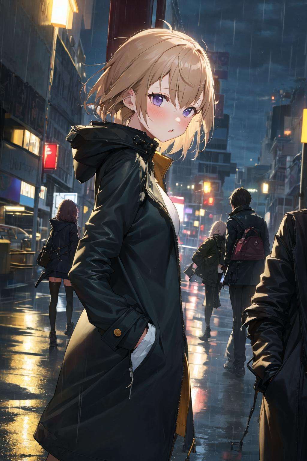 <lora:apstyle:0.9> apstylemasterpiece best quality 1girl1girl,night city,rain,coat,hands in pockets