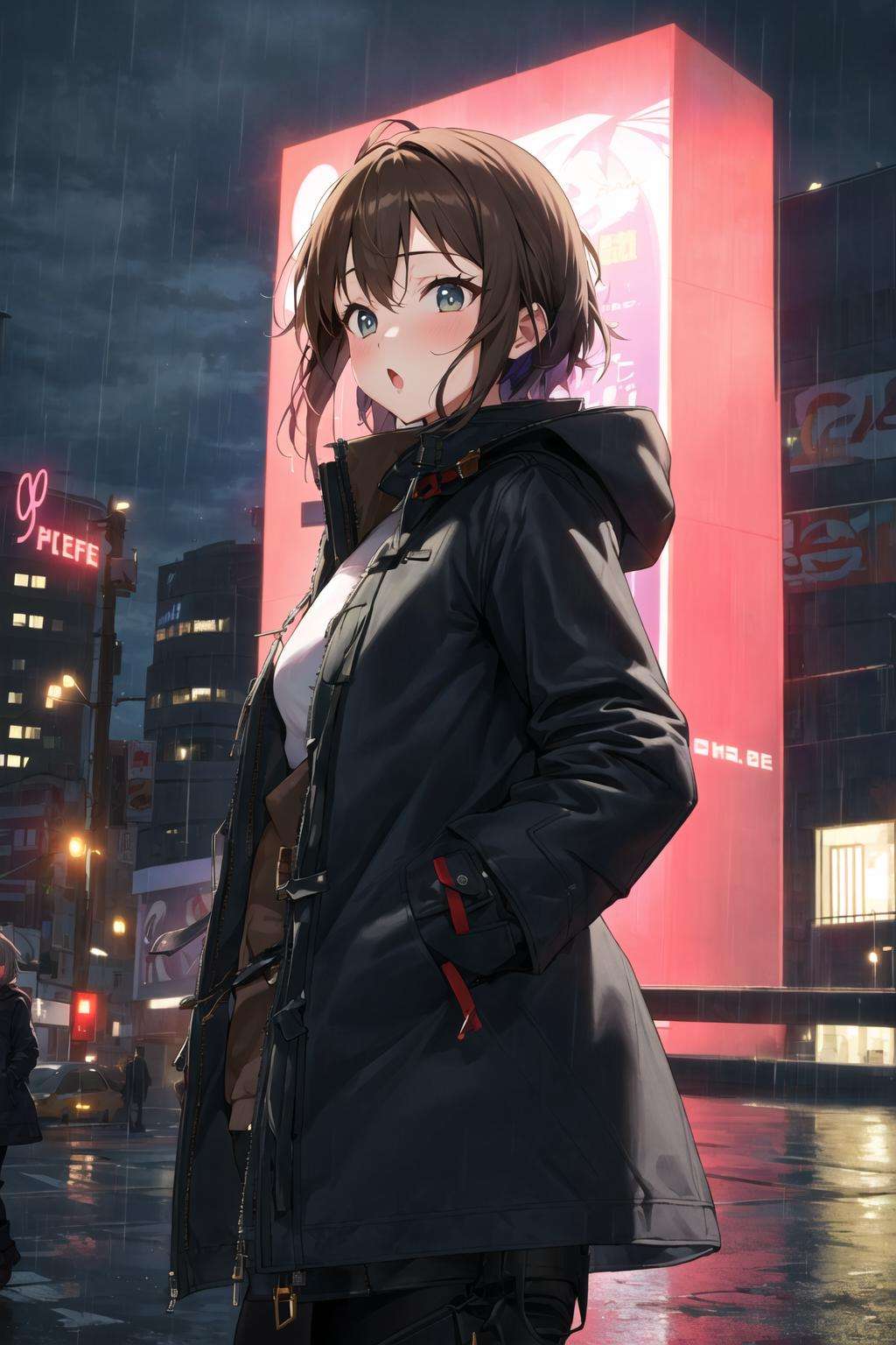 <lora:apstyle:0.9> apstylemasterpiece best quality 1girl1girl,night city,rain,coat,hands in pockets