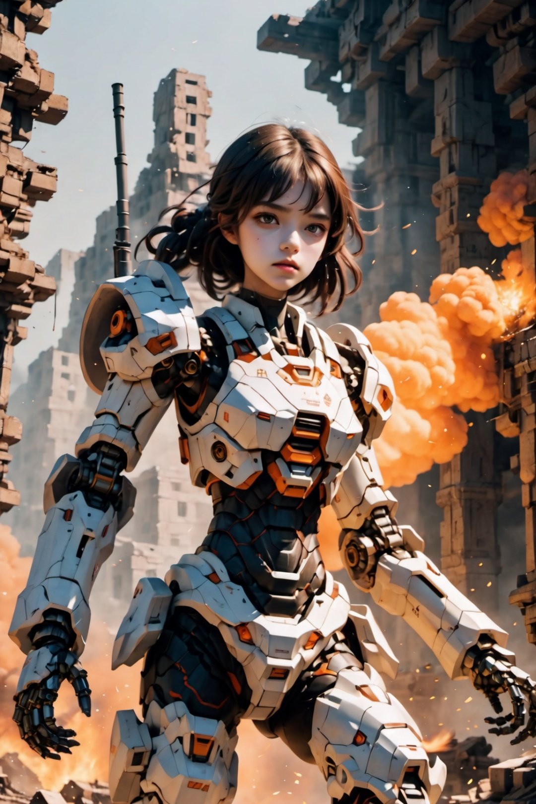 1girl,Mecha,War, ruins, smoke, explosions, flames,