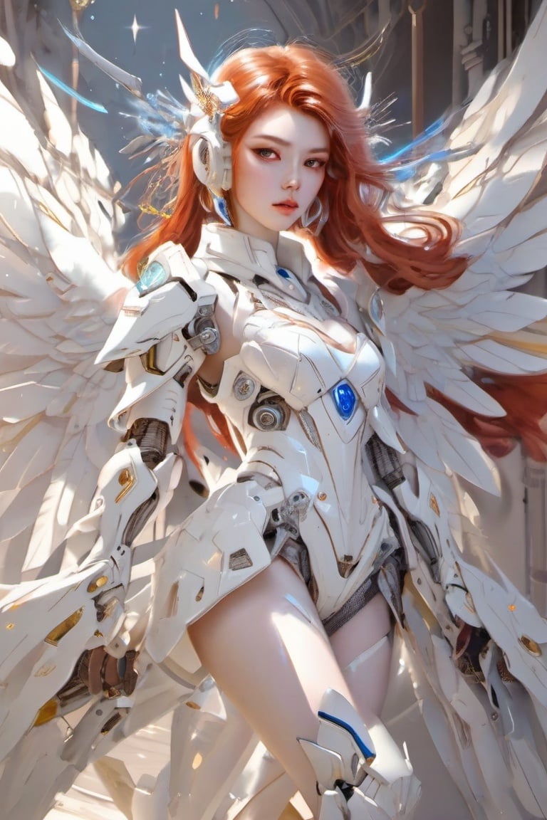 1girl, Porcelain white mech, nabel, high-heels, mecha, Mechanical wings, space, Future wars, hime cut, hair over shoulder, red hair, hair spread out, very long hair, projected inset, dutch angle, f/2.8, Sony FE GM, UHD, award winning, 16k, masterpiece