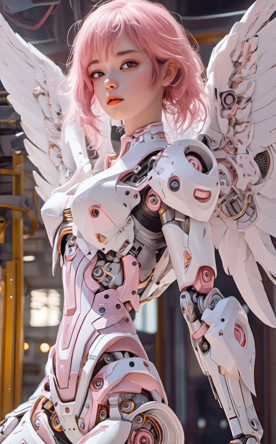 Hd quality,8k resolution,high detal,bashful 1 girl,angel,Metal wing,pink hair,thin,Show one's waist,Full body ,15 years old,white underwear,Robotic arm,white Mecha,<lora:luzcmechasdxl-000006:0.9>,