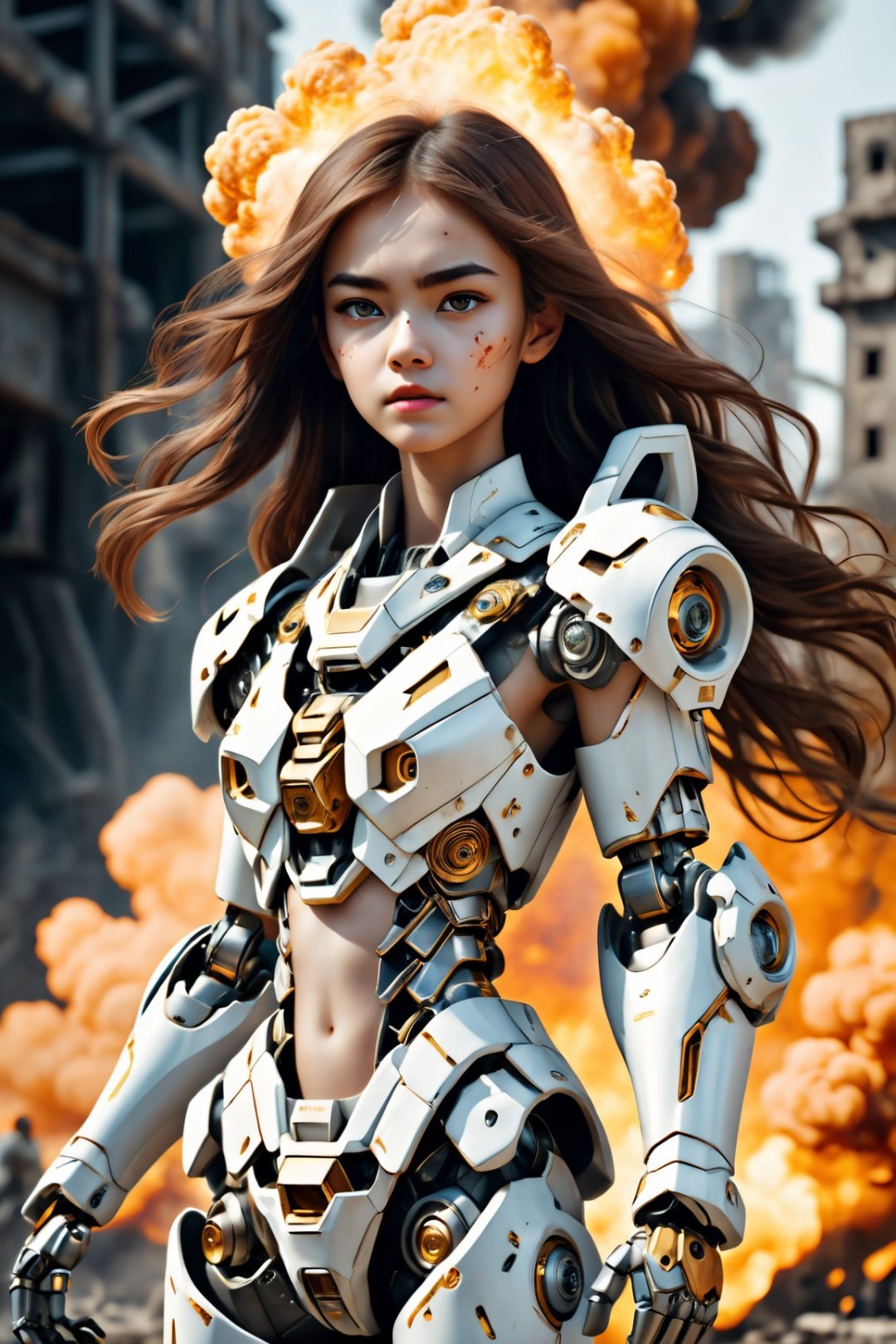 high quality, realistic, real, high resolution, 8k,
1 girl, whole body, wearing this white gold mecha,
mech, war, ruins, smoke, explosion, flame,
the future battlefield, the mechanical age,