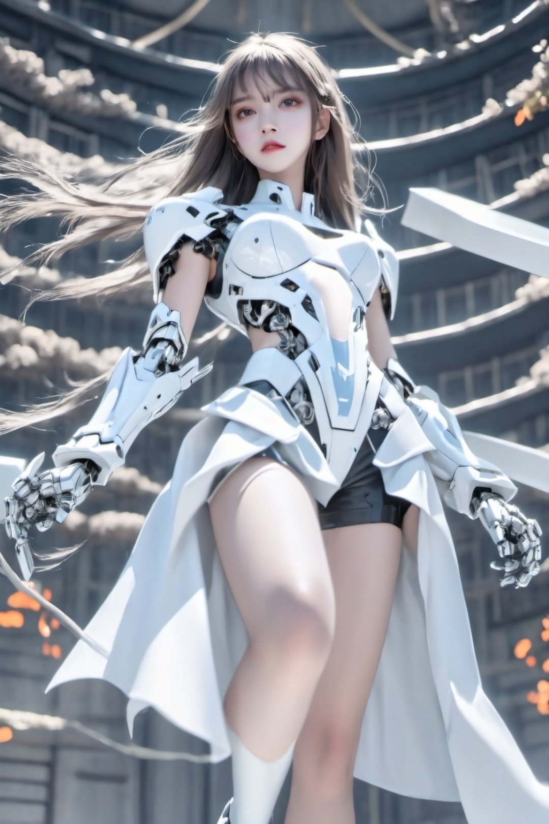 high quality, realistic, real, high resolution, 8k,
1 girl, ((((full body)))), wearing this white gold mecha,
mech, war, ruins, smoke, explosion, flame,
the future battlefield, the mechanical age,