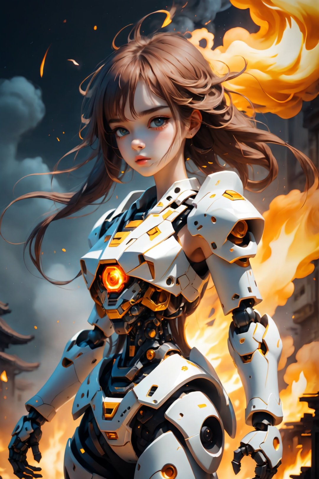 1girl,Mecha,War, ruins, smoke, explosions, flames,shuixia