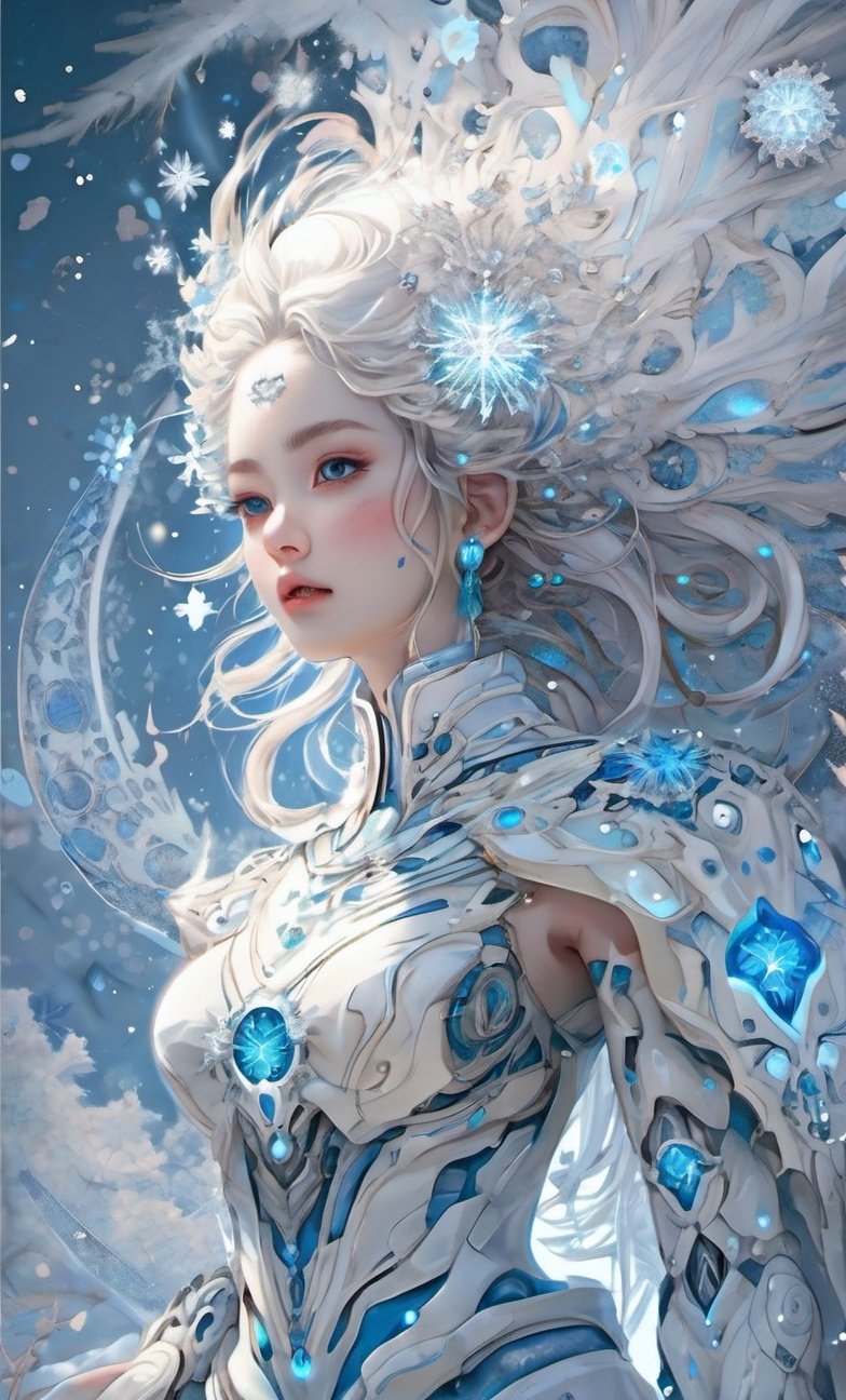 (masterpiece, top quality, best quality, official art, beautiful and aesthetic:1.2),extreme detailed,(fractal art:1.3),colorful,highest detailed..,(1girl),White,Blue,Chest,Abdomen,Snowflakes falling,(whole body:1.5),a face,relief,,mecha,