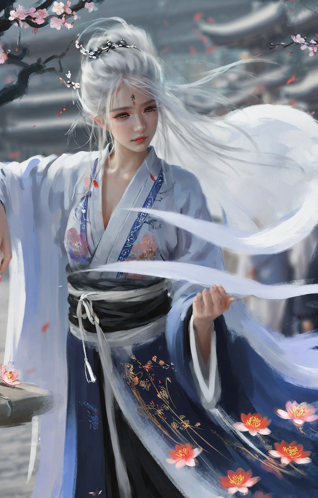 Pigment style,1girl,solo,extremely detailed eyes and face, beautiful detailed nose, beautiful detailed eyes, long eyelashes,portrait,full body, stree,outdoor,people, white hair,black eyes,long hair, floating hair, high ponytail, prayerful,hanfu, floating petals,tyndall effect,long legs, strappy heels, white legwear, 