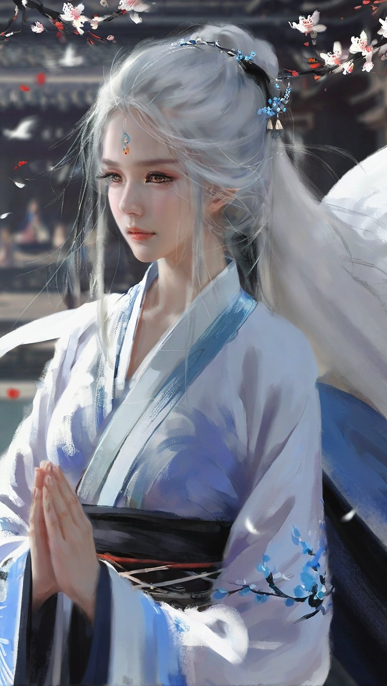 Pigment style,1girl,solo,extremely detailed eyes and face, beautiful detailed nose, beautiful detailed eyes, long eyelashes,portrait,full body, stree,outdoor,people, white hair,black eyes,long hair, floating hair, high ponytail, prayerful,hanfu, floating petals,tyndall effect,long legs, strappy heels, white legwear, 