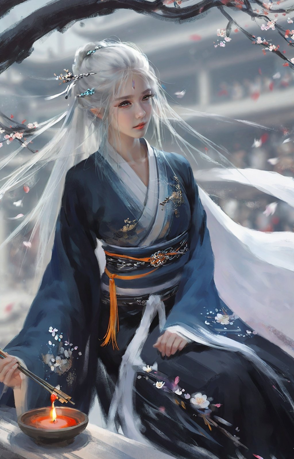 Pigment style,1girl,solo,extremely detailed eyes and face, beautiful detailed nose, beautiful detailed eyes, long eyelashes,portrait,full body, stree,outdoor,people, white hair,black eyes,long hair, floating hair, high ponytail, prayerful,hanfu, floating petals,tyndall effect,long legs, strappy heels, white legwear, 