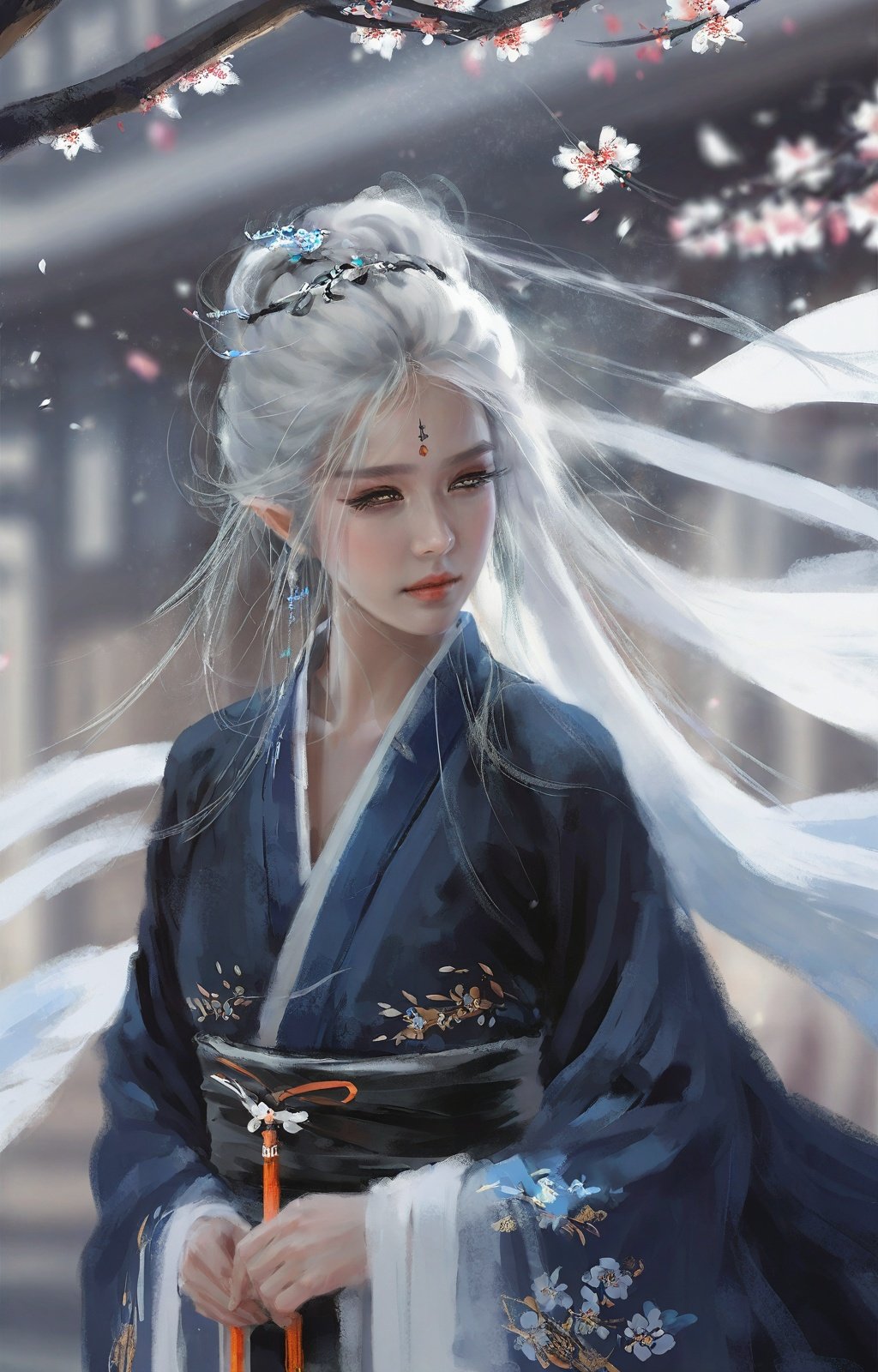 Pigment style,1girl,solo,extremely detailed eyes and face, beautiful detailed nose, beautiful detailed eyes, long eyelashes,portrait,full body, stree,outdoor,people, white hair,black eyes,long hair, floating hair, high ponytail, prayerful,hanfu, floating petals,tyndall effect,long legs, strappy heels, white legwear, 