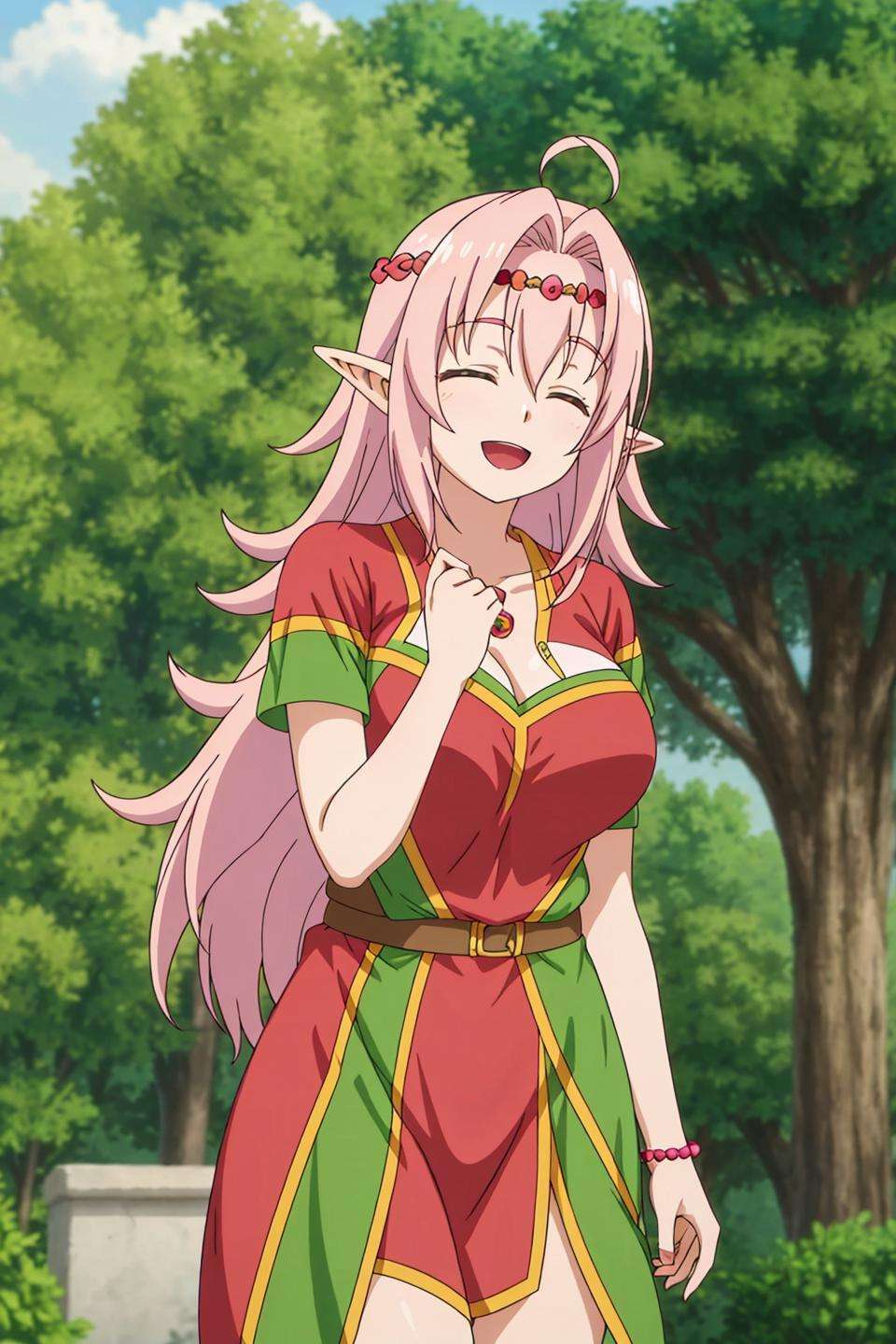 eevin, anime, 1girl, solo, long_hair, breasts, smile, open_mouth, hair_ornament, closed_eyes, upper_body, pink_hair, :d, pointy_ears, ^_^, elf, facing_viewer, anime_coloring