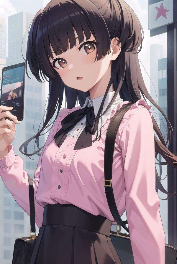 fuyukomayuzumi, <lora:fuyukotest:1>, BREAK fuyuko mayuzumi, black hair, (brown eyes:1.5), long hair, two side up,BREAK black bow, black bowtie, black ribbon, black skirt, bow, bowtie, frilled shirt, frills, jirai kei, long sleeves, neck ribbon, (pink shirt:1.5), ribbon, shirt, skirt, white shirt,BREAK looking at viewer,BREAK outdoors, city,BREAK <lora:GoodHands-vanilla:1>, (masterpiece:1.2), best quality, high resolution, unity 8k wallpaper, (illustration:0.8), (beautiful detailed eyes:1.6), extremely detailed face, perfect lighting, extremely detailed CG, (perfect hands, perfect anatomy),