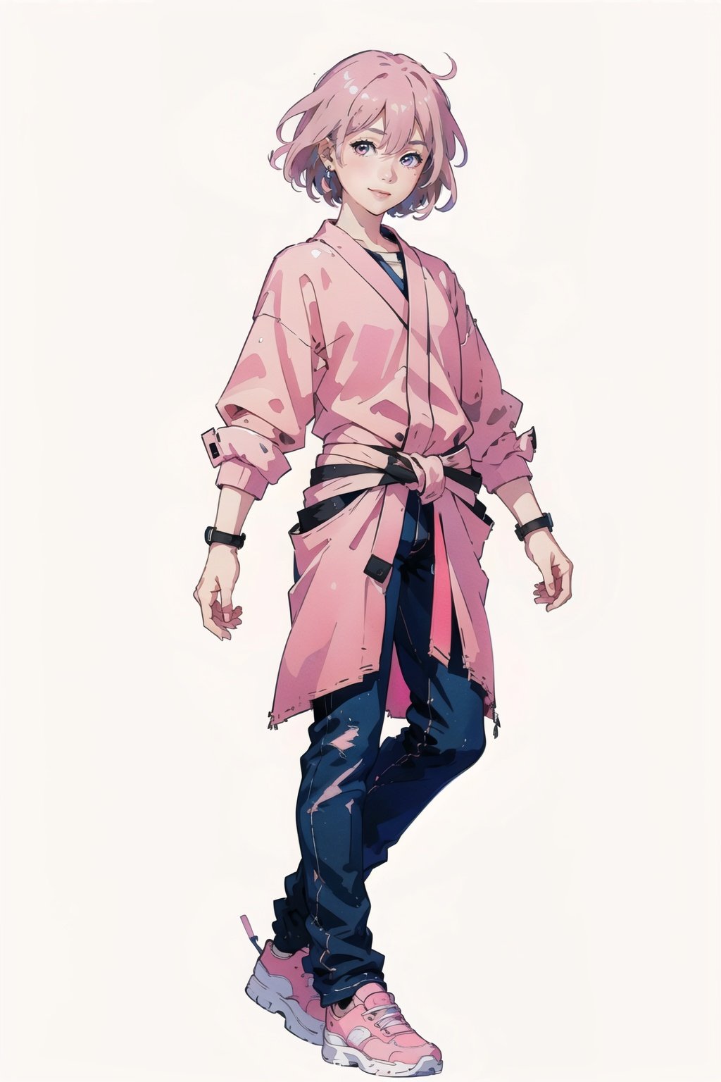 1girl,Pink. Short hair,light smile, Handsome posture,full body,CHIBI,watercolor