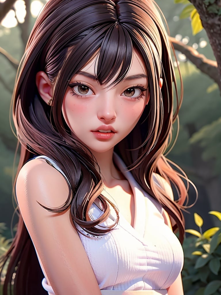 close-up portrait of Noriko Takeda, a cute kitsune girl, white fur, 9 tails,  bloody teeth,  k-pop Idol, cowboy shot, best quality, ultra high res, (photorealistic:1.3), 1girl, small breasts, (in a forest:1.3)