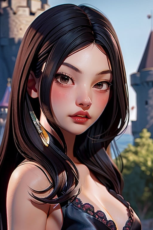 close-up portrait of Noriko Takeda, a cute vampire girl, bloody teeth,  k-pop Idol, cowboy shot, best quality, ultra high res, (photorealistic:1.3), 1girl, small breasts, (in a castle:1.3),lisa,jisoo