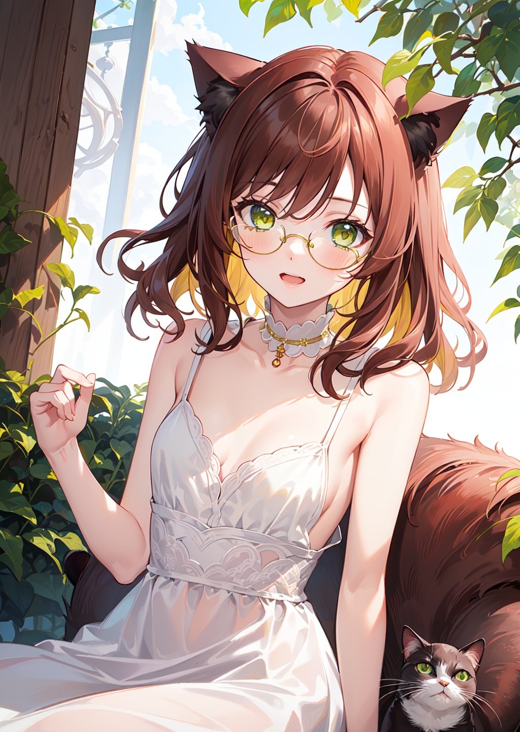 ((masterpiece)),((best quality)),(1girl),((reddish brown hair),(medium hair), (wavy hair),(cat ears),(yellow green eyes),13 years old,((very small breasts)),black glasses),sunlight,laugh,white dress,over the shoulder,, fcportrait