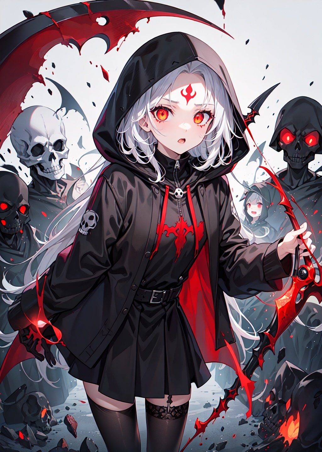 beautiful illustration, scary face, ((intimate darkred mist background), (scythe), ((solo)), (best quality), (Grim Reaper girl), black tights, small chest, visible through hair, (wearing grim reaper clothes), (hood), skull skin, (transparency white hair), pointed end red, skull eye, (perfect anatomy), (phantom monsters), blood, masterpiece, insanevoid, glowing eyes, extra eyes, horror \(theme\), third eye on forehead, horror style, souls wandering around, fcportrait