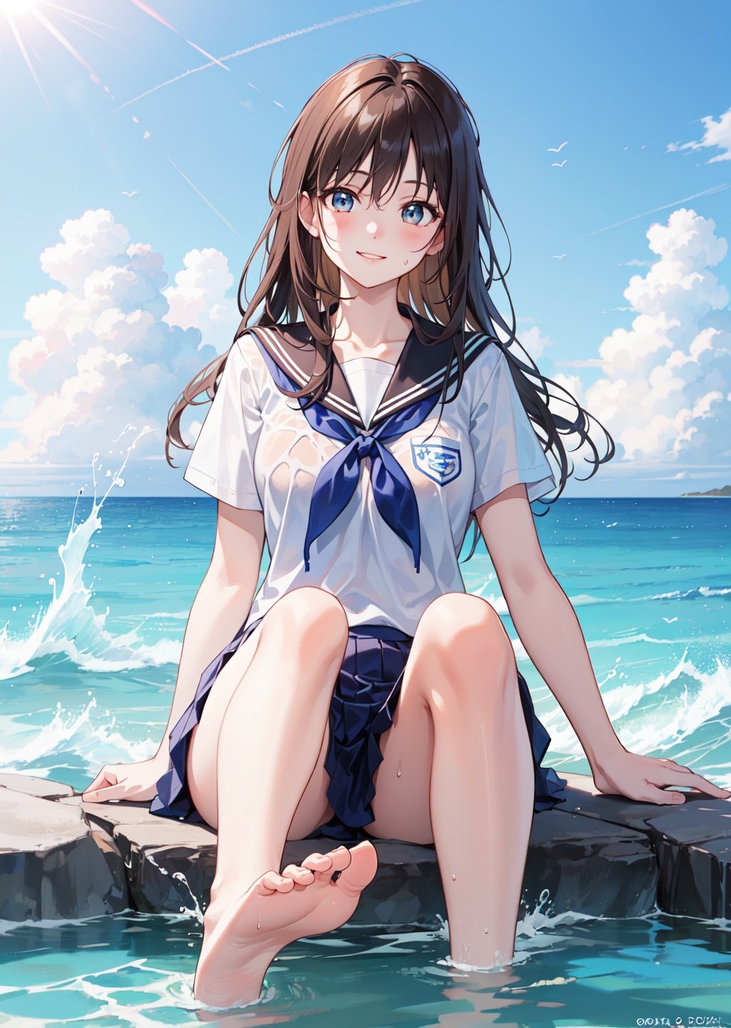 Sprawled big jump, very pretty girl, bright eyes, ((facial details are beautiful)), long brown hair, schoolgirl, school uniform, bare feet, soaking wet, smiling, sun shining, blue sky, ocean, shining waves , ((masterpiece)), ((maximum quality 8k)), ((high resolution)), ((fine and detailed)), ((background is realistically beautiful finish)),, fcportrait