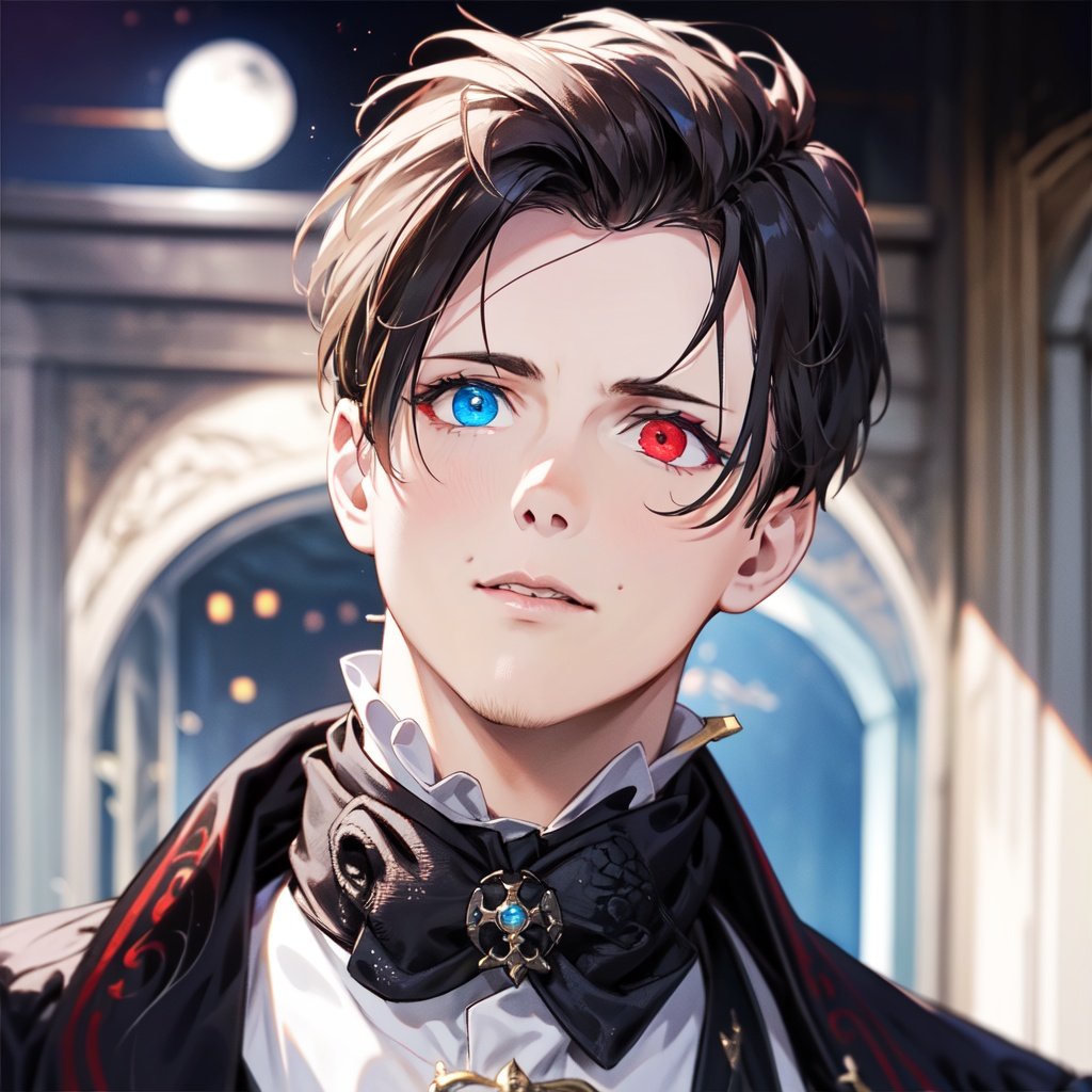 Black suit,white shirt,1boy,elegant,mafia,upper body,garden,moonlight,(((heterochromia))),left red eye,right blue eys,White male,<lora:2023-05-13_224157:1>,black hair,upper body,, fcportrait