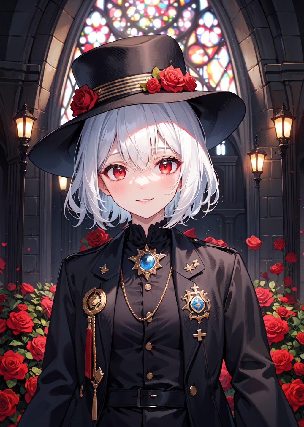 white hair,flat breasts,red eyes,high detail,Glowing eyes,short straight hair,red roses,Black gloves,trench coat,suit,brooch,Clothes that are not bare,gangsters,Wide-brimmed hat,black Suit hat,White shirt,dark blue sky,church,smile,, fcportrait