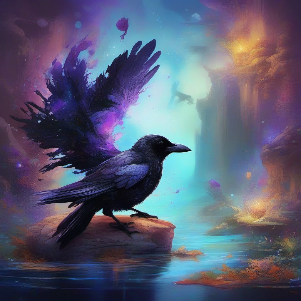  splash art ,alcohol ink  ,little baby  raven,masterpiece ,extremely  detailed, ,fantasy, wide angle, glowing, colorful painting ,digital illustration , 16 k UHD, unreal engine 