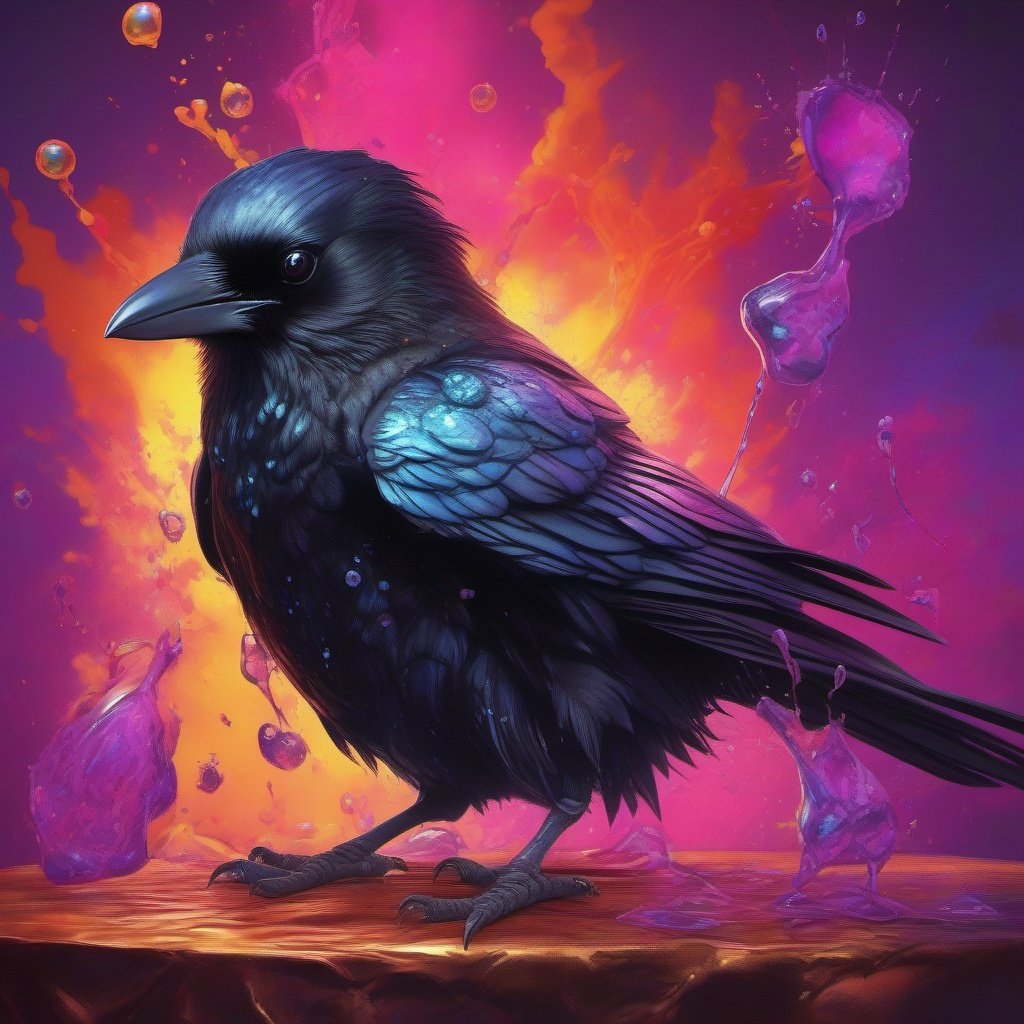  splash art ,alcohol ink  ,little baby  raven,masterpiece ,extremely  detailed, ,fantasy, wide angle, glowing, colorful painting ,digital illustration , 16 k UHD, unreal engine 