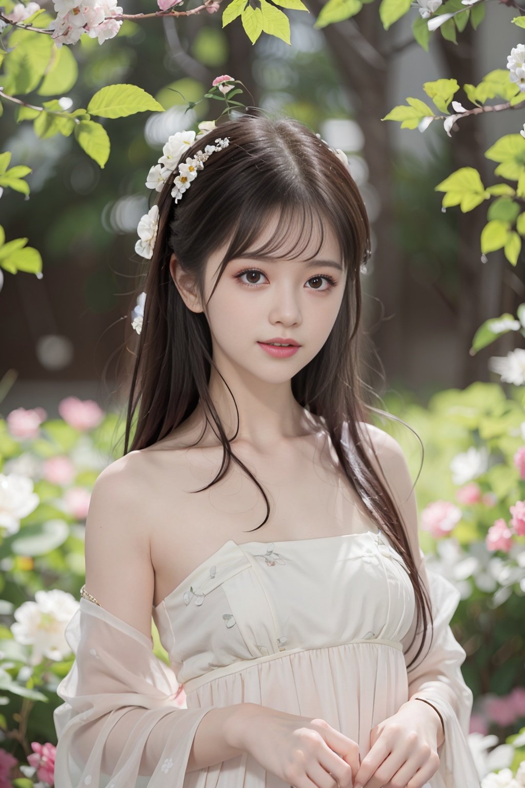 (((135mm))),(bokeh:2.0)(upper body:1.8),see through dresses,best quality, ultra high res, (photorealistic:1.4),tang style,(lake,forest,tree,too many flowers,white cloud, snow mountain faraway:1.6),sunlight,lakeside, 1girl,solo,beautiful face, beautiful eyes,small breasts, white long upper shan,multicolour chest ru skirt, multicolour chest pleated skirt,red waistband,smile, straight-on, wide eyed,looking at viewer,The wind blows hair,picture-perfect face,  extremely detailed eyes and face, beautiful detailed eyes,light on face,best quality, ultra high res, (photorealistic:1.4)narrow waist,alluring, clean, beautiful face, pure face, pale skin, absurdly long hair,ivine goddess, shiny skin, skindentation,dream,illusion,rich expression,illustration,perfect skin,gorgeous,pure,beautiful detailed face and eyes,colorful,clear sharp focus,official wallpaper, official art,volumetric lighting,soft lights,cinematic lighting,cinematic effects,wallpaper,Megapixel,highres,Intricate details,ultra detailed,best quality,light on face,shaded face,(realistic),, pureerosface_v1:0.8,  <lora:GZface:0.7> <lora:hanfuTang_v35_8:0.3>