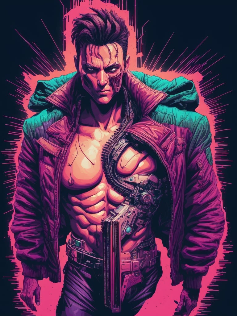 man ripping open his chest, synthwave aesthetics, illustration, vector art, screen print art--q 5 