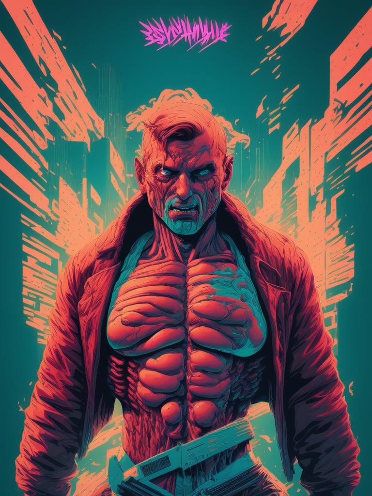 man ripping open his chest, synthwave aesthetics, illustration, vector art, screen print art--q 5 