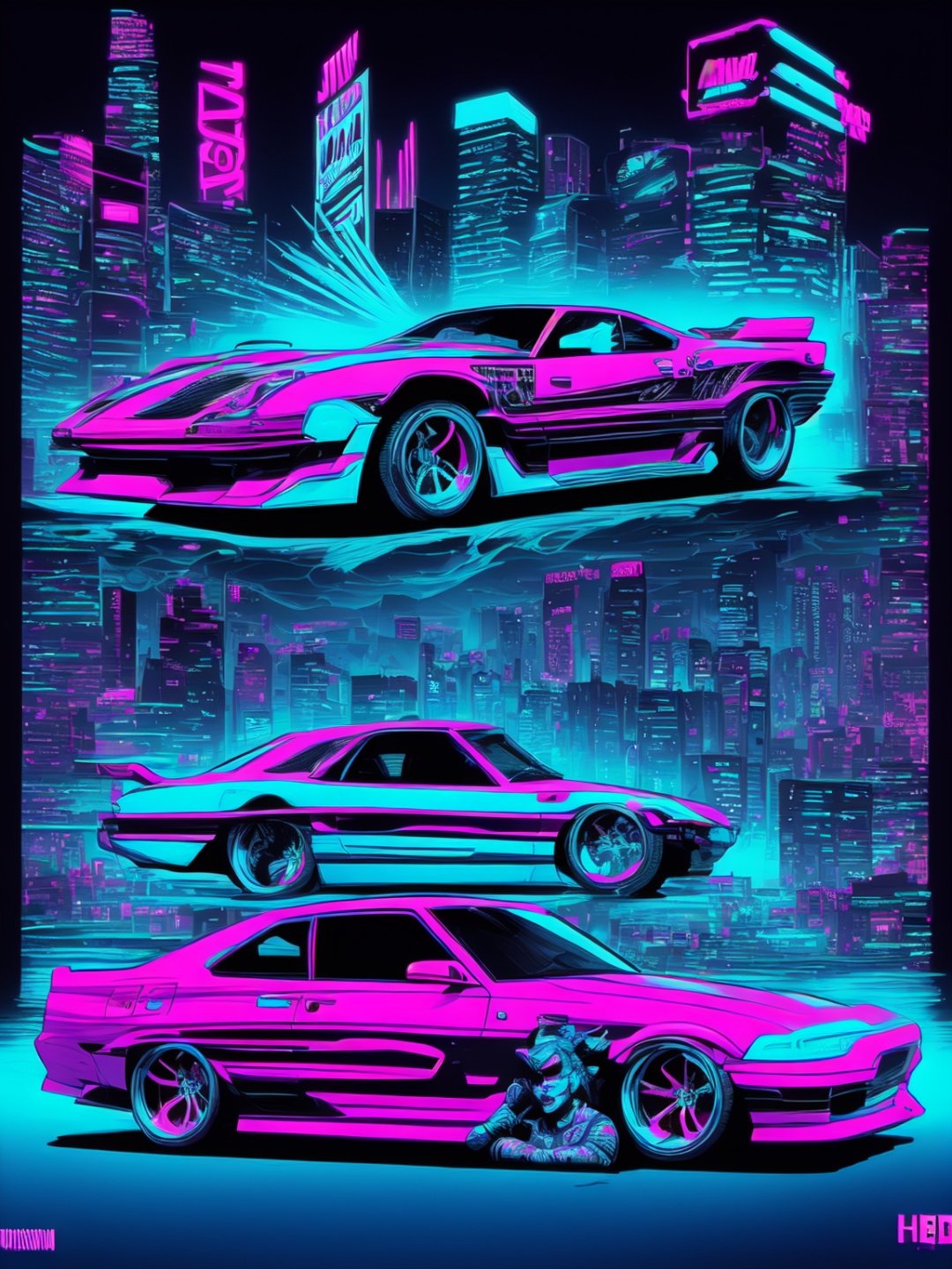 synthwave design neon colors, comic book style illustration, hard line art, precise details, extremely detailed,Car,Women