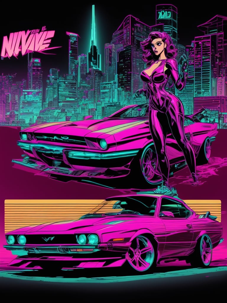synthwave design neon colors, comic book style illustration, hard line art, precise details, extremely detailed,Car,Women