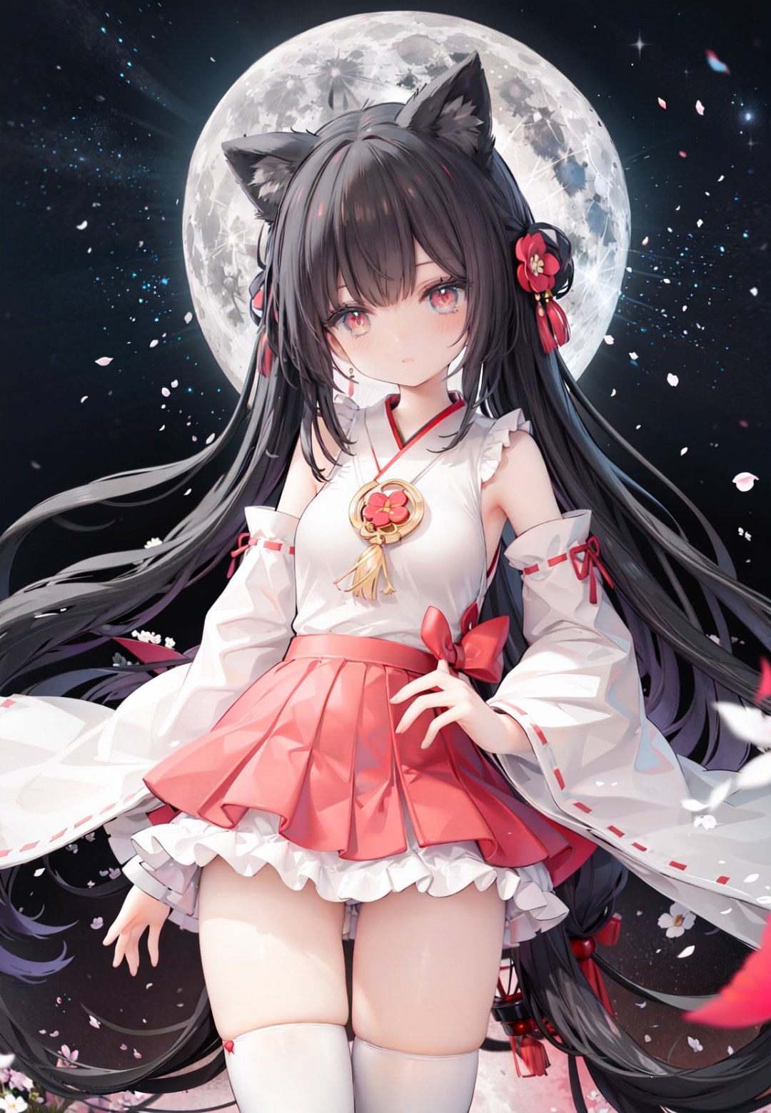 1girl, long hair, solo, thighhighs, black hair, hair ornament, moon, japanese clothes, skirt, detached sleeves, white thighhighs, miko, hakama short skirt, hair flower, very long hair, ribbon trim, ribbon-trimmed legwear, full moon, hakama skirt, hakama, brown eyes, outdoors, night, standing, looking at viewer, flower, hand on hip, tree, red skirt, sky, wide sleeves, smile, ribbon-trimmed sleeves, star (sky), fence, blush, bangs, zettai ryouiki, bare shoulders, night sky, red eyes, nontraditional miko, red hakama, thighs, closed mouth