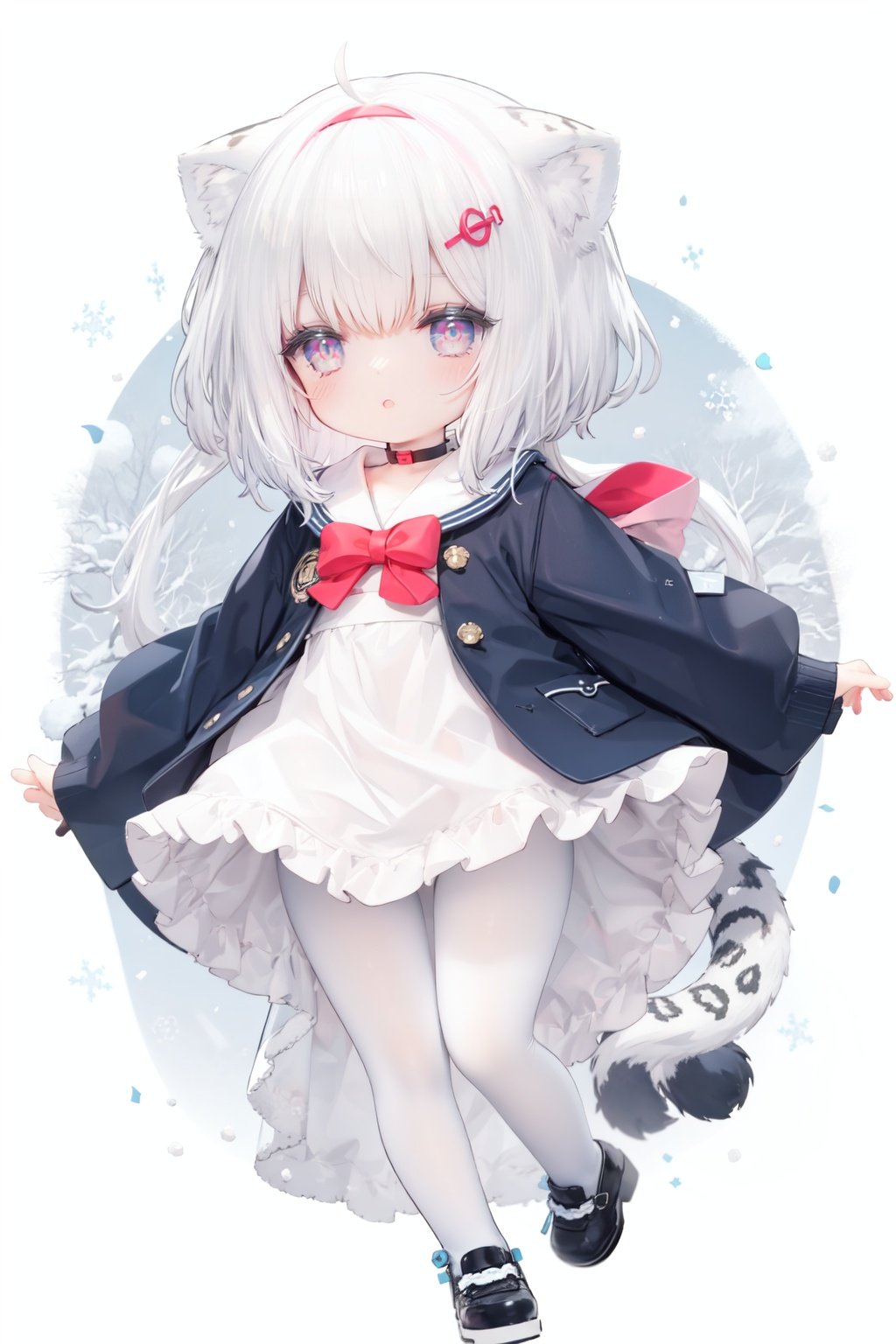 cute,Infant,solo blue shirt,blue sailor coat,loli,full body,white hair,snow leopard ear,white background,pink eyes,laugh,happy,white pantihose,white pantyhose,red armband,