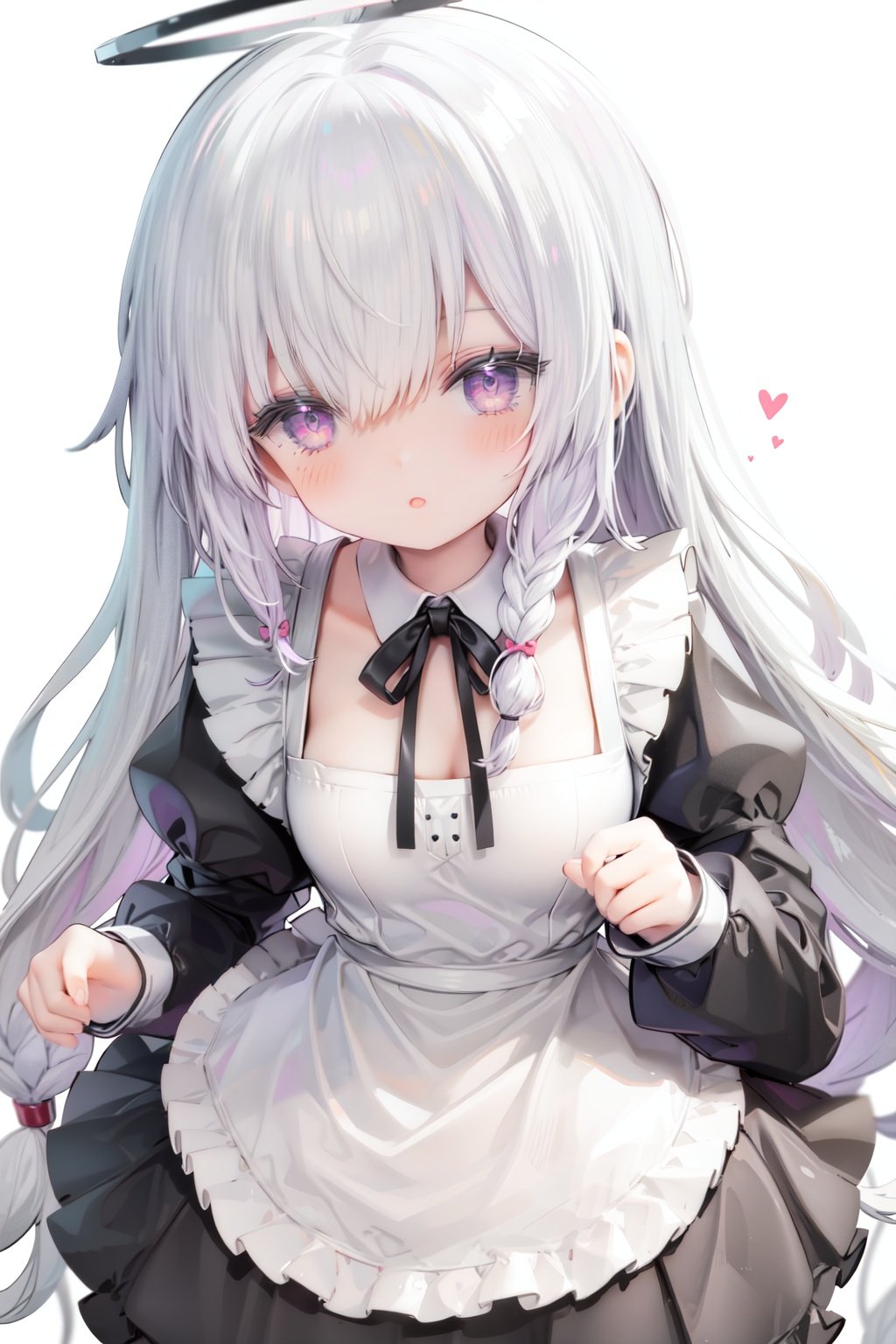 1girl, solo, apron, long hair, hair over one eye, white background, frills, braid, halo, long sleeves, dress, simple background, white hair, white apron, puffy sleeves, very long hair, frilled apron, maid, purple eyes, ribbon, parted lips, maid apron, bangs, juliet sleeves, black dress, neck ribbon, looking at viewer, single braid, blush