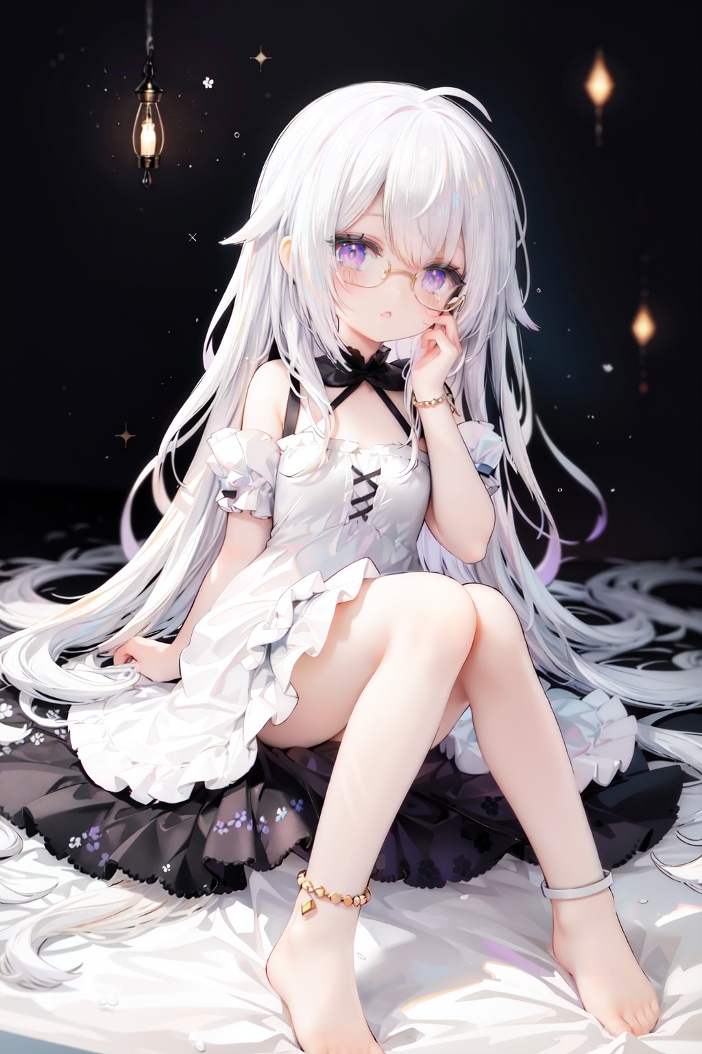 //,masterpiece, ((best quality)), (ultra-detailed), (illustration), an extremely delicate and beautiful, dynamic angle, chromatic aberration,((Medium shot)), ((colorful)),//,1girl,little girl,1girl,loli,petite,loli,looking away,Black rimmed glasses,dress,Constellation print,anklet,barefoot,sitting,(white hair:1.3),(long hair:1.3),ahoge,purple eyes,open mouth,(Dim light),classical,library, plant, Oil lamp,