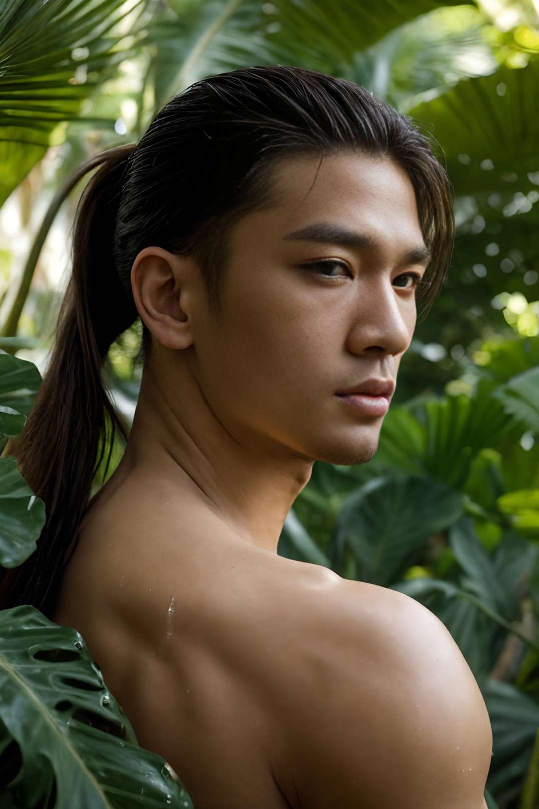 realistic, masterpiece, best quality, cinematic, dynamic lighting, soft shadow, highest detail, professional photography, detailed background, depth of field, insane details, intricate, aesthetic, detailed face, subsurface scattering, realistic hair, realistic eyes, 1boy, muscular, manly, (large pectorals:1), portrait photo of a handsome southeast asian man, in a tropical rainforest, wet, erection, medium messy hair, short ponytail, 